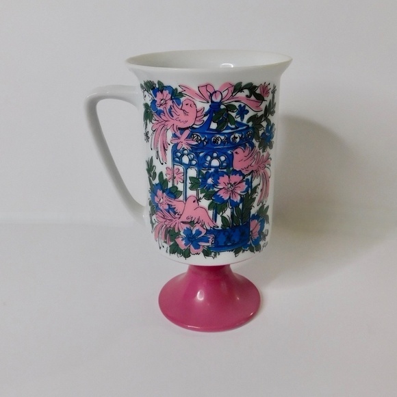 Vintage ARNART 5th Ave Birds Floral Footed Pedestal Mug Coffee Tea Pink White - Picture 4 of 9